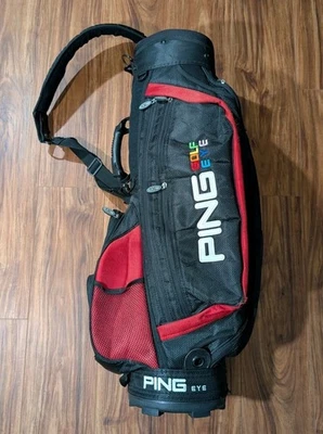 Ping Eye Golf Cart Bag Black Leather 6 Way W/Shoulder Strap Rare Caddie Bag - Image 1 of 4