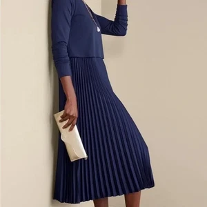 Soft Surroundings Women's Large Midi Cassandra Dress Navy Blue Pleated Skirt - Picture 1 of 15