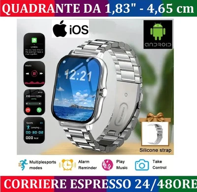 SMARTWATCH SILVER ACCIAIO + SILICONE CHIAMATE ANDROID IOS CAMERA SPORT 1,83" 4,6 - Immagine 1 di 4