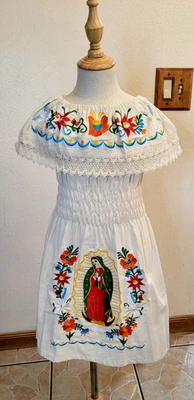 Virgen de Guadalupe White 6 Embroidery Mexican Girl Dress/Our Lady of Guadalupe - Image 1 of 3