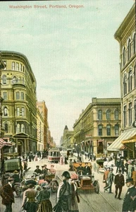 Postal PORTLAND, Oregon, Washington Street ANTIGUA 1907 Main St, coches, tiendas - Imagen 1 de 2