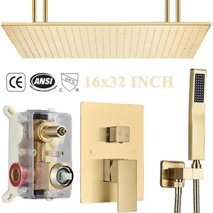 Brushed Gold Shower Faucet Set 16" x 32" Rain Shower Head Combo Ceiling Mounted - Picture 1 of 10