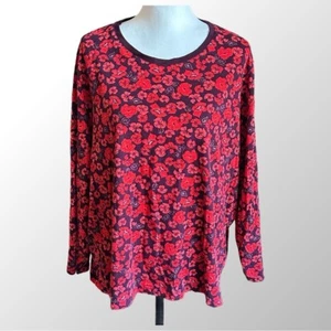 Lands' End Top Women's 2XP (20W-22W) Red & Purple Poppy Long Sleeve Cotton Top - Picture 1 of 11