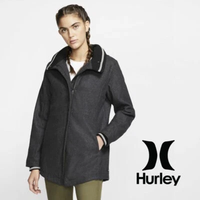 Chaqueta Hurley para mujer con capucha mezcla de lana cremallera chaquetón puño jaspeado negro gris M L Foto 1 de 4