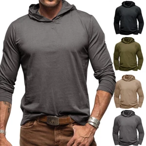 Mens Hoodie Slim Fit Casual Long Sleeve Solid T-Shirt Gym Sports Muscle Tops - Picture 1 of 17