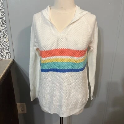 NWT SO White Hooded Sweater Colorful Rainbow Striped Pullover (Junior Large) - Image 1 of 4