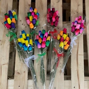 Dozen Bright Wooden Roses in a Choice of Colours, Everlasting Flower Bouquet - Picture 1 of 23