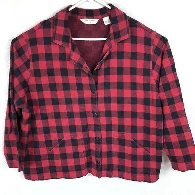 Top de franela Bechamel rojo negro a cuadros botones manga larga bolsillos talla grande 3X Foto 1 de 4