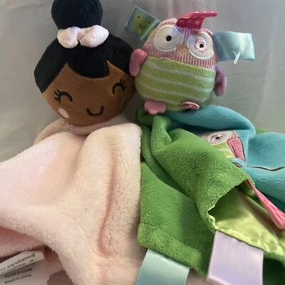 Taggies Rosa Verde Azul Búho Bebé Manta de Seguridad Lovey 13" y Rosa Muñeca Lovey Foto 1 de 4