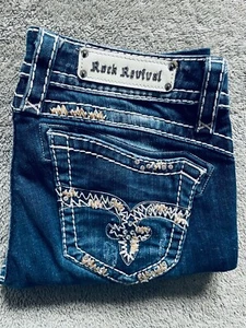 Rock Revival Women's 31x28 (Hemmed) Amy Bootcut Jeans Embroidered Rhinestones - Picture 1 of 21