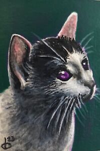 ACEO Original Art Painting Cat Portrait Watercolor Acrylic Contemporary Animal