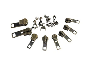 YKK Zipper Repair Kit 32pcs Antique Brass Metal Auto Pull #5, 7, 10 & Top Bottom - Picture 1 of 10