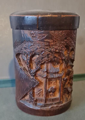 Ancien Boite ,pot à pinceaux en Bambou Sculpté - Photo 1/4