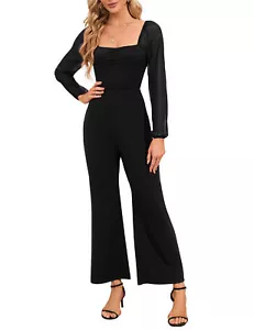 Women's Lantern Sleeve Square Neck Jumpsuit High Waist Wide Leg Romper Outfits - Picture 1 of 28