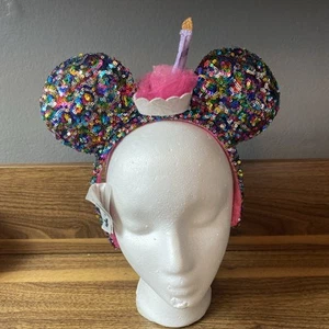 Disney Parks Happy Birthday Minnie Mickey Ears Cupcake Cake Sequined Headband - Picture 1 of 5