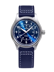 Reloj para hombre RATIO Skysurfer Pilot esfera azul rayos de sol cuero automático RTS309 200M - Imagen 1 de 6