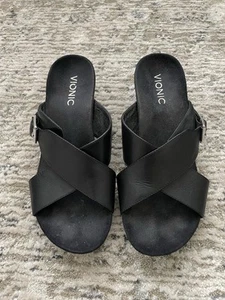 Vionic Libbie Leather Criss-Cross Wedge Sandal Buckle Size 8 Black Arch - Picture 1 of 7