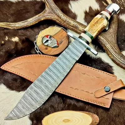 Cuchillo Bowie de Acero Damasco Hecho a Mano Premium - Funda para Cuchillo de Caza Exterior 1243 Foto 1 de 4