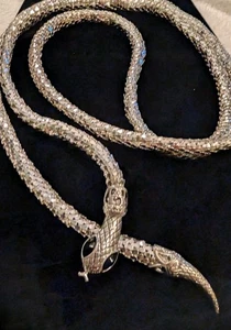 VINTAGE SNAKE MESH SILVER NECKLACE OR BELT 40" Black Stone EYES * DL LAUD? - Picture 1 of 8