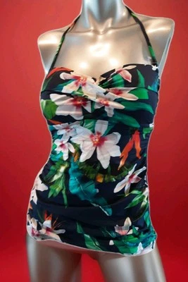 Camiseta de natación Tankini fruncida tropical con correa Ralph Lauren ~ talla 10~ frente torcido Foto 1 de 4