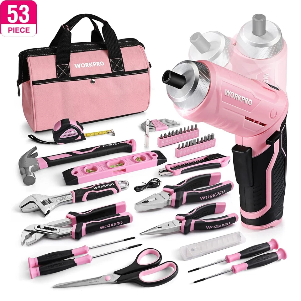 WORKPRO Rosa Werkzeug Set 53-tlg mit Akkuschrauber klein, für Haushalt Reparatur