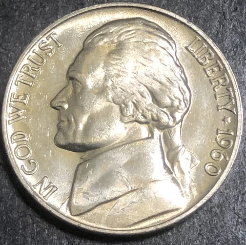 1960 JEFFERSON NICKEL 5C. NICE FULL STEPS. Right from Original Bank Roll!! Cover