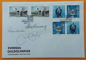 Suecia 2012 medallistas de oro olímpicos Scott 2688+2689 con autógrafos originales - Imagen 1 de 1
