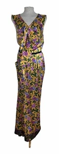 Nina Ricci Dress 40 Maxi Yellow Purple Green Long Silk Paris Satin V Neck Summer - Picture 1 of 15