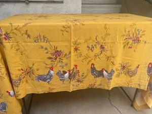 Williams Sonoma Tablecloth Rooster Chicken Print Yellow 108" x 70" - Picture 1 of 14
