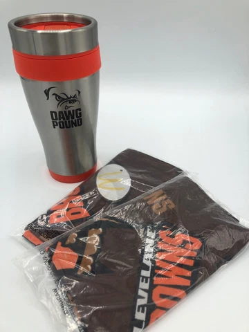 CLEVELAND BROWNS DAWG POUND SEASON TICKET MEMBER TRAVEL TUMBLER & BANDANA LOT Cover