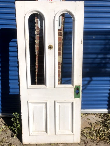 34x78” Antique Tombstone Glass Entry Door with Brass Mechanical Doorbell Cover