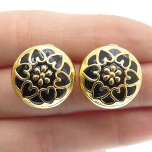 HAN 925 Sterling Silver Gold Plated Enamel Heart Floral Omega Back Earrings - Picture 1 of 9