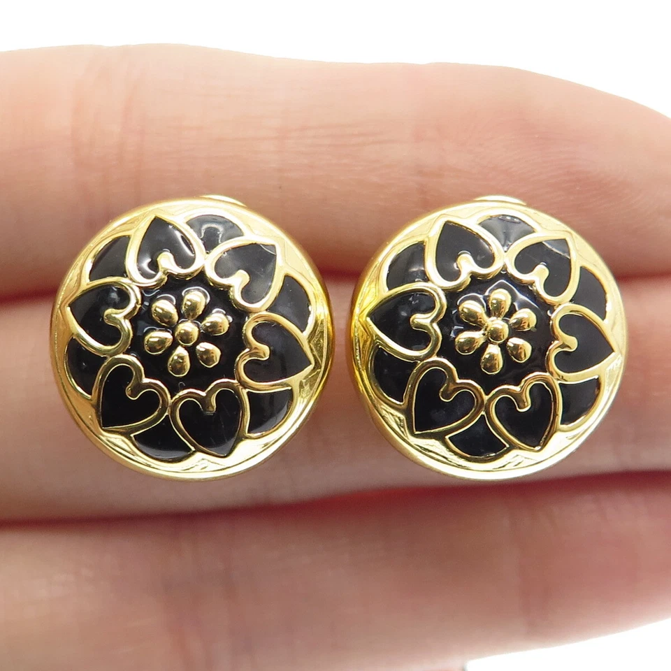 HAN 925 Sterling Silver Gold Plated Enamel Heart Floral Omega Back Earrings - Image 1 of 4