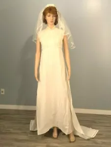 Womens cap sleeve linen embroidered Wedding Dress Bridal Gown Size US0-2 - Picture 1 of 11
