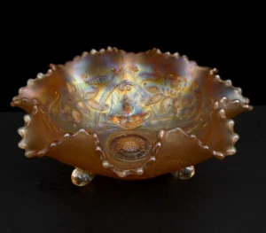 Antique Northwood Wishbone marigold carnival glass 8 inch ruffled bowl - 3 feet - Picture 1 of 5