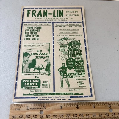 VTG Fran-Lin Mulberry FL Drive-In Theatre Program: The Sun Also Rises Hemingway - Image 1 of 4