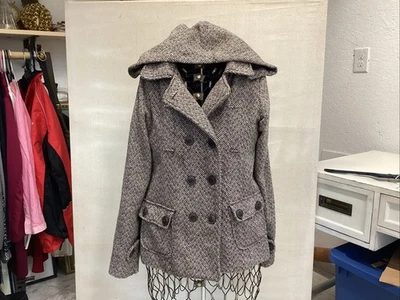 Maurices  jacket women M herringbone brown/beige double breasted detachable hood - Image 1 of 4