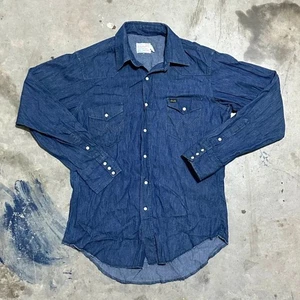 Vintage 70er Jahre Wrangler Denim Perlen Druckknopf Western Knopf Hemd Größe 16X35 - Bild 1 von 7