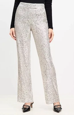 Pantalones LOFT Talla 8 Lentejuelas Pantalones Rectos Plateados Festival Fiesta Chic Glam Nuevos con Etiquetas💚 Foto 1 de 4