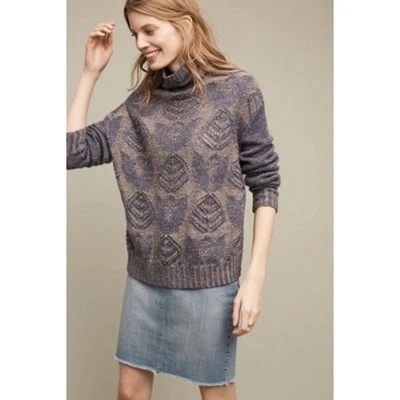 Anthropologie Hansel from Basel Turtleneck Sweater Blue Gray Leaf Pattern Knit M - Image 1 of 4