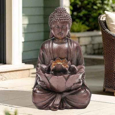 18.9" H Buddha Outdoor Water Fountain with Lights and Pump,Zen Style Relaxing... - Image 1 of 4