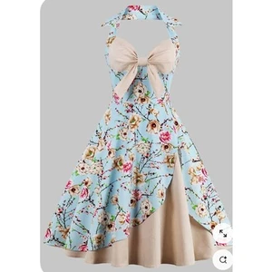 Markenlos blau Retro Schleife vorne Rockabilly Stil Blumen Tee Kleid Größe Medium - Bild 1 von 10
