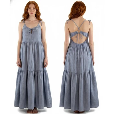 Forever 21 Maxi Dress Womens Small Blue White Stripe Tiered Babydoll Open Back - Image 1 of 4