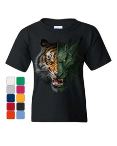 Tiger and Dragon Face Youth T-Shirt Animal Beast Fantasy Monster Fang Kids Tee - Picture 1 of 8