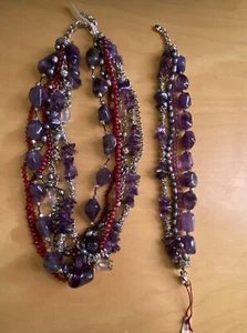 Putple Amethyst Glass Stone Beaded Necklace and Bracelet Multi Strand - Picture 1 of 9