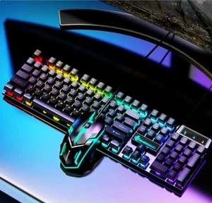 Rainbow LED Gaming Keyboard and Mouse Set Multi-Colored Backlight Mouse - Picture 1 of 2