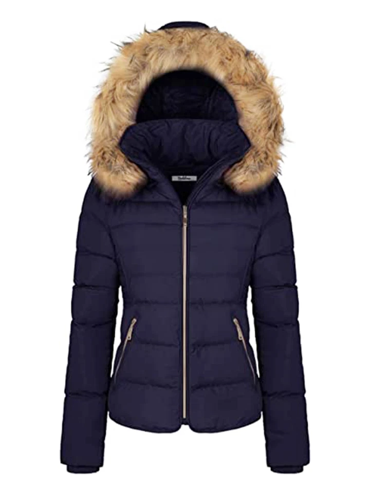 Women Winter Quilted Puffer Coat Fleece Lined Warm Jacket with Faux Fur Hood - Image 1 of 4