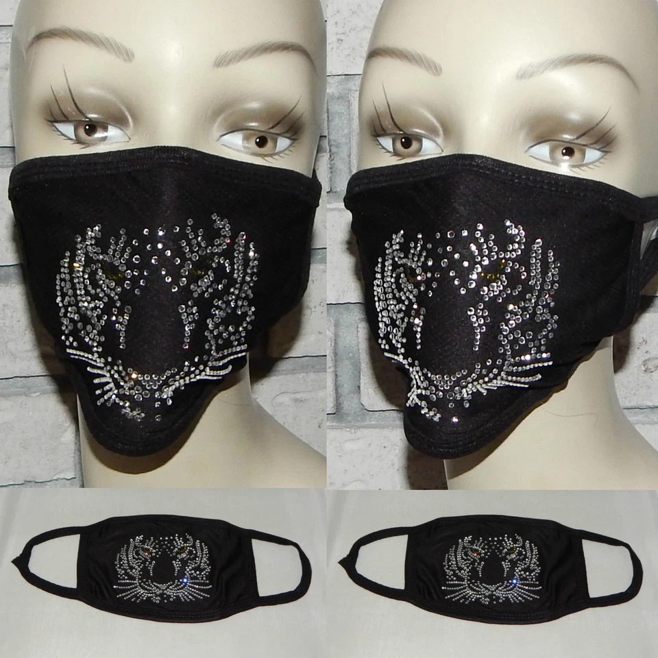 LOTE DE 2 CUENTAS DE TIGRE ARTÍSTICAS BRILLANTES BLING ALGODÓN LAVABLE MÁSCARA FACIAL INDIANA Foto 1 de 1