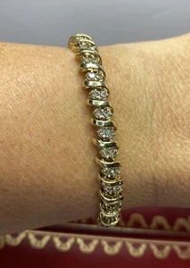 10k Yellow Gold 3 Ct Diamond S Link Pave Wedding Band Tennis 18Gm Bracelet 7.25” - Picture 1 of 13
