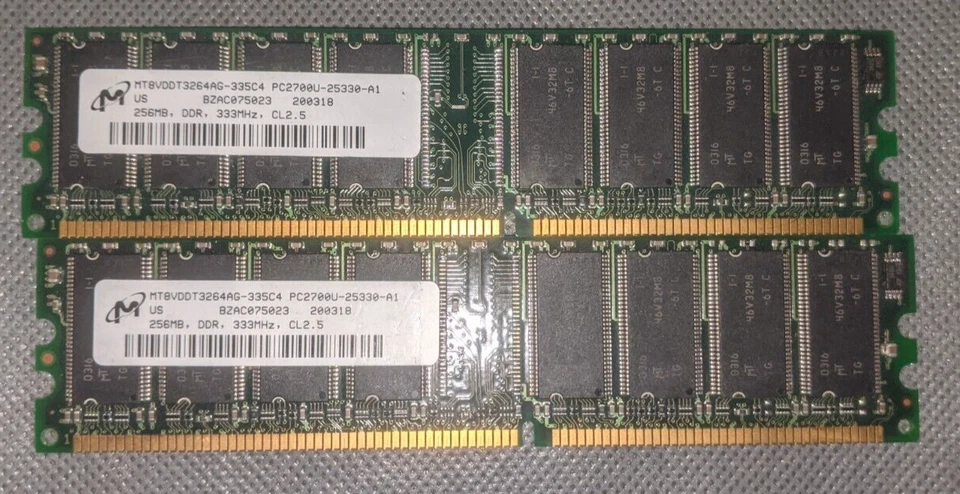 2 X 256MB MICRON DDR400 PC2700U NON-ECC MEMORY MT8VDDT3264AG-335C4 - 512MB TOTAL - Image 1 of 1